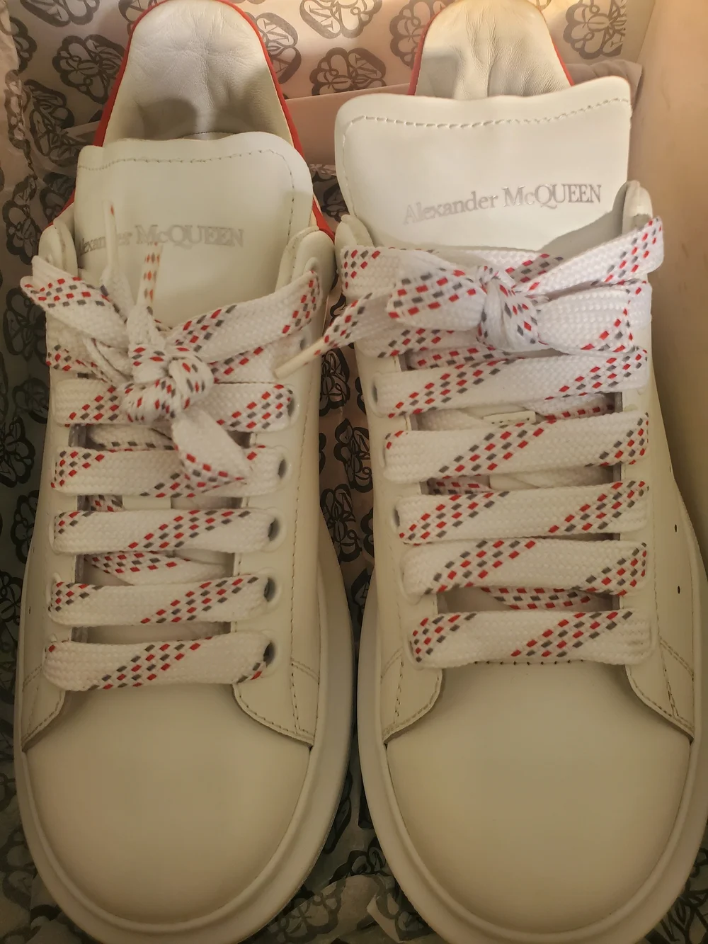 Alexander McQueen White Leather Sneakers with Red Accent and Patterned Laces